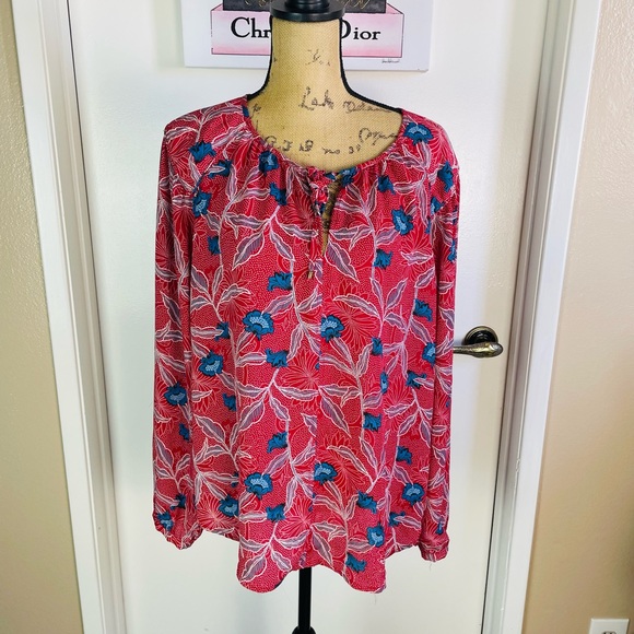 Bohemian Rose & Olive Women's Red Floral Blouse Tie Front Long S Large Hippie - Picture 2 of 10